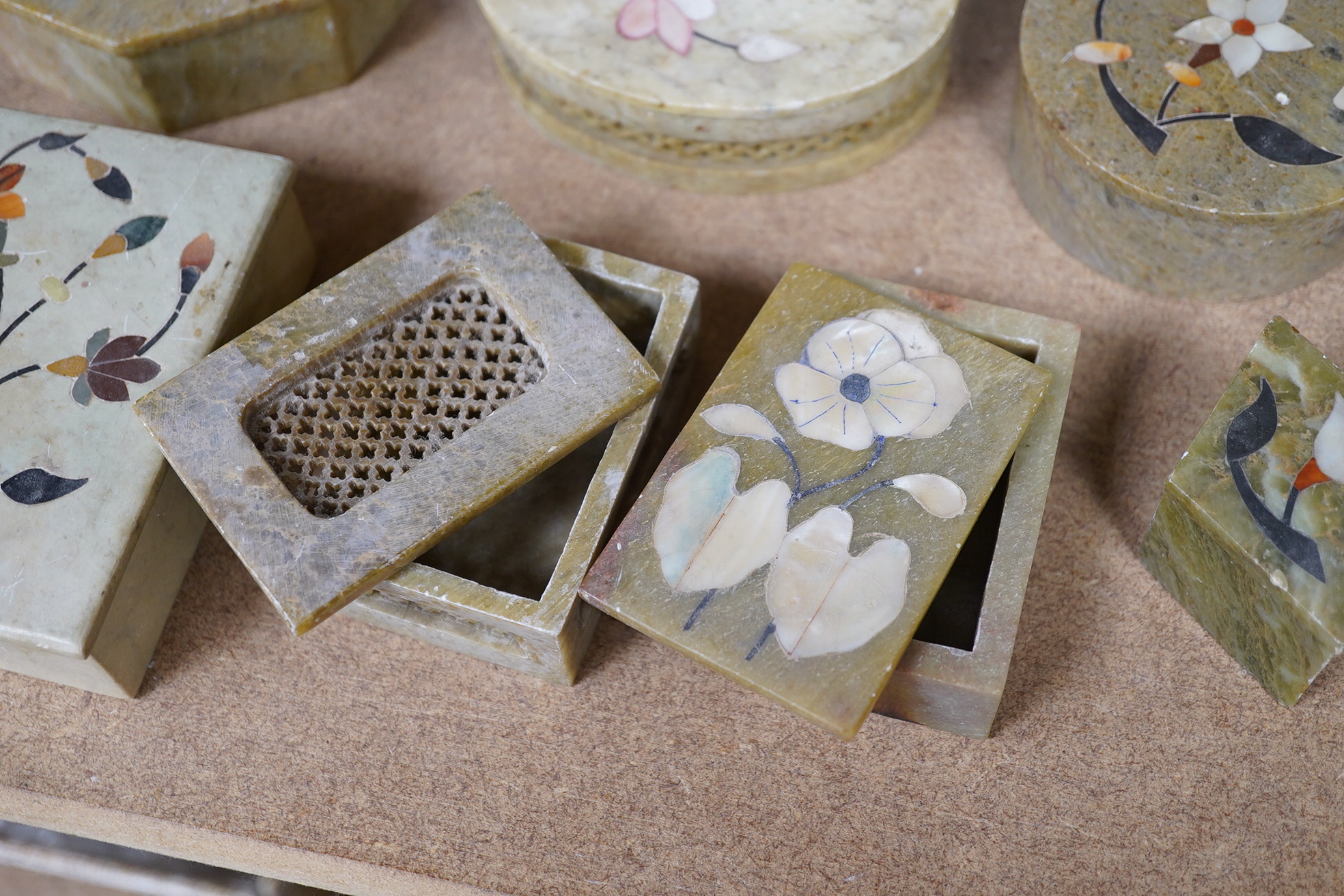 A group of assorted Indian soap stone pietra dura floral inlaid boxes, largest 10.5cm wide. Condition - good